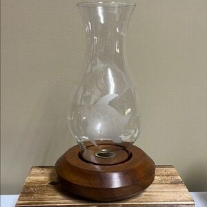 Koa Wood Hurricane Candle base holder w/ frosted turtle (Honu) on glass